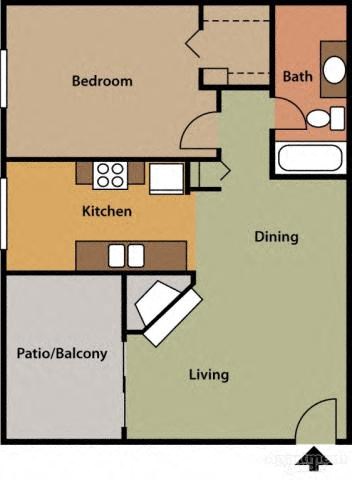 Floor plan for 1 bed, 1 bath, 832 sqft
